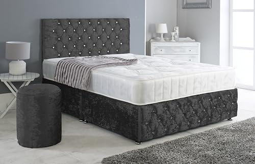 Adore Living Chesterfield Crushed Velvet Divan Bed Set - Headboard, Footboard & Mattress - Storage Bed (Black, 5ft Kingsize - 4 Drawers)