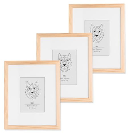 KHG Bilderrahmen 3er Set lackiert mit stabilem Glas und Passepartout, MDF Ideal für Portraits, Urkunden, Poster, Puzzles & Collagen, 24x30 cm Natur