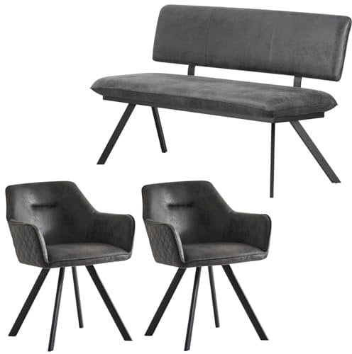 B&D home Sitzgruppe JANA Esszimmerbank 140cm gepolstert mit Rückenlehne, mit 2 Stühle für Esszimmer, Industrial modern Design | Wildleder Optik Anthrazit, 11503-140-ANTR