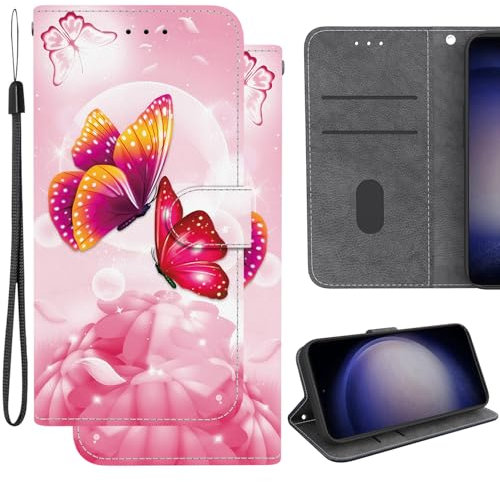 Ammeer Coque pour Infinix Hot 30i, PU Cuir Magnétique Flip Housse Étui Rabat Téléphone Cover Case Portefeuille Support avec Porte-Cartes Pochettes - Papillon Rose