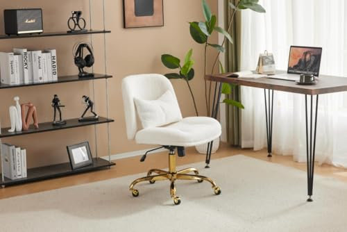 Bonnlo Chaise de Bureau à Pieds croisés, Fauteuil de Bureau Ergonomique avec Oreiller, Double Usage roulettes, Chaise pivotante réglable pour la Chambre, Le Bureau, Chaise de Coiffeuse, Teddy (Blanc)