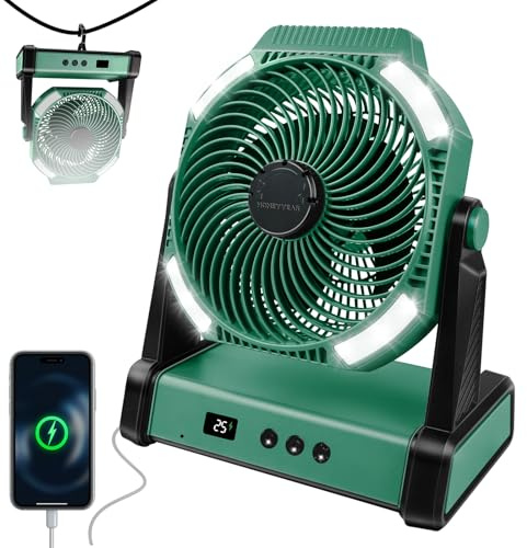 HONEYYEAR】Camping Ventilator, 22500mAh Wiederaufladbarer Ventilator mit LED Licht & Haken, 270° Drehung, Stufenlose Geschwindigkeit, Timer-Modus, USB Tischventilator für Indoor Outdoor