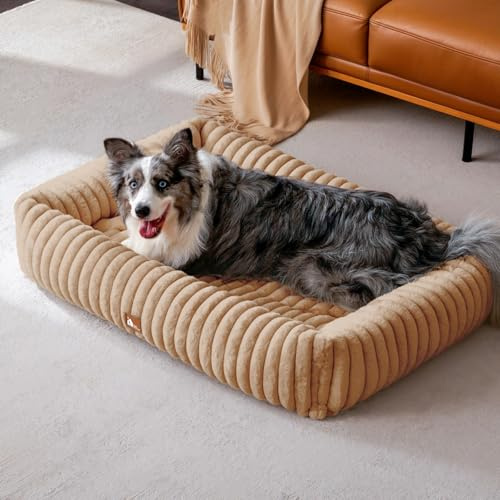 Upvilla Luxusweicher Hundekorb, Super Weiches hundebett Grosse Hunde, 4-seitiges Nackenkissen, Abnehmbare Waschbare Hundematte, Hundesofa mit Griffen, Haustierbett (Warmsand, 109 * 76 * 20cm)