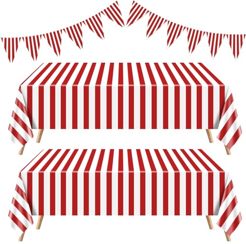 4 Stück Karnevals-Themenparty-Dekorationen, Einschließlich Karnevalstischdecken, Rot-weiß Gestreifte Wimpelbanner, Zirkus-Wimpelkette, Banner, Dekorationen Für Zirkus-Mottoparty, Geburtstag