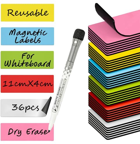 36 Stück Beschreibbare Magnete 11x4cm, Magnetstreifen beschreibbar inkl. Whiteboard-Marker, Magnetschilder zum Beschriften für Whiteboard, Kühlschrank & Tafel