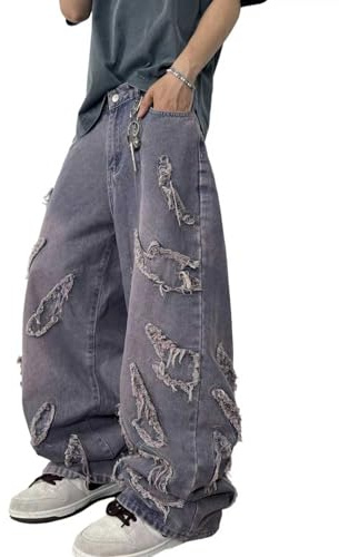 Zewool Jeans da uomo baggy patchwork ricamo jeans frange larga gamba pantaloni denim