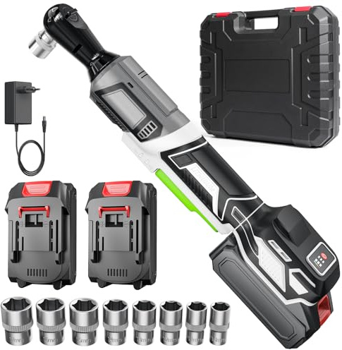 Eznaobo Akku-Ratschenschrauber, 3/8 Akku Ratschenschlüssel mit 2 x 3000mAh Akku, Rechts-/Linkslauf, LED-Licht, 8 Steckdosen, 230N.M kabelloses Ratschenset für Möbel und Autos