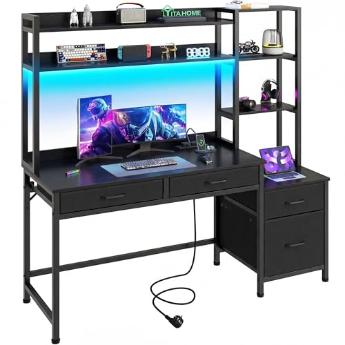 YITAHOME Computer Schreibtisch mit Schubladen Steckdose USB 150cm Schwarz | Eckschreibtisch Bücherregal, Monitorständer, Computertisch Aufbewahrungen & Regale, RGB LED, Home Office Studium Gaming