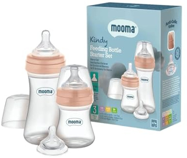 Mooma Kindy Feeding Bottle Starter Set – Baby Bottle Set from Birth, Anti-Colic Bottles 150ml & 250ml, Multi Flow Teats, BPA Free Feeding Set, Old Rose