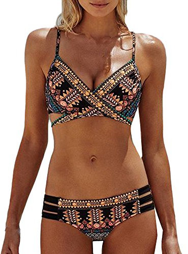 AmyGline Damen Bikini Set Push Up Boho Drucken Retro Bikini Badeanzug Badebekleidung Bikinioberteil Swimsuits Bademode Bikinihosen