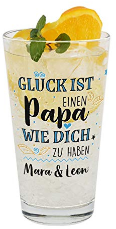Herz & Heim® Persönliches Trinkglas mit Aufdruck - Glück ist einen Papa wie dich zu haben - wundervolles Vatertagsgeschenk
