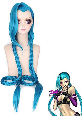 Cosplay Lol Jinx 120 cm langes Blau mit doppelten Zöpfen Halloween Anime Kostüm Perücke Hitzebeständiges Kunsthaar PL-382
