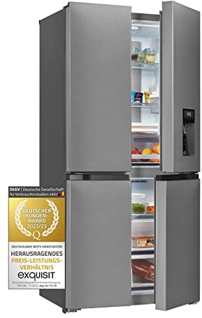 Exquisit Multi-Door Kühlschrank MD430-100-WS-200E inoxlook | 432 L Volumen | NoFrost | Wasserspender | Cross Kühl-Gefrierkombination