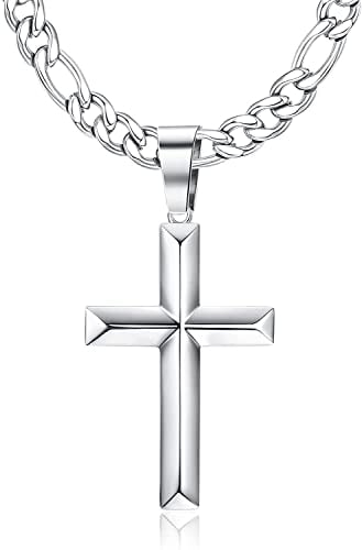 MILACOLATO Kreuz Halskette Damen Herren, 925 Sterling Silber Abgeschrägten Anhänger Kreuz Ketten Pendant Mit Edelstahl Diamant Schnitt Zarte Hochglanz Polierte Figaro Chain Necklace Men Women 51-66cm