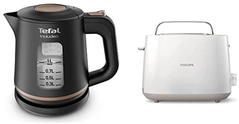 Tefal KI5338 Includeo Wasserkocher | 1 L | Anti-Rutsch-Griff | einfach abzulesende Wasserstandsanzeige | 360°-Drehsockel, Schwarz/Kupfer & Philips Toaster – 2 Toastschlitze, 8 Stufen, weiß (HD2581/00)