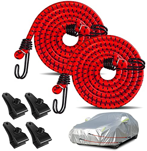 Hlogree 2PCS Car Cover Gust Straps Wind Protector,Bungee Cords Hook Clips Kit Hold Tarp Tie Down from Blowing Off in High Winds-Universal Fit for Most Cars,Sedans,SUVs,Trucks,Vans and More-Red