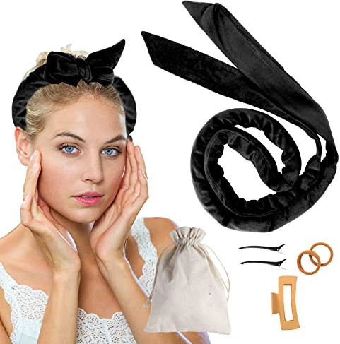 Lenvais Lockenwickler Locken Ohne Hitze,Heatless Curls Band mit 2 Stück Haarspange,DIY Heatless Hair Curler Set Haarband Locken über Nacht für Mittleres Langes Haar (Schwarz)