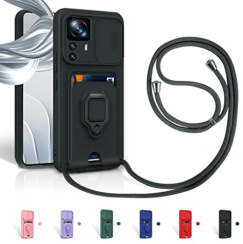 Aithne Case für Xiaomi Mi 12T/Mi 12T Pro Handykette Hüll,Slide kameraschutz,Silikon Handyhülle zum Umhängen Kette,360 Grad Ringhalter Stand Kartenfach-Schwarz