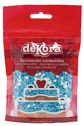 dekora - Confeti Sprinkles Reposteria Comestible - Estrellitas y Círculos de Azúcar Azules y Blancos Adornos Comestibles para Tartas y Cupcakes - 100 g
