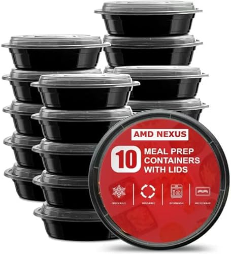 AMD Nexus (10 Pack, 16oz) Round Plastic Meal Prep Containers- Reusable BPA Free Food Containers with Airtight Lids - Microwavable, Freezer and Dishwasher Safe