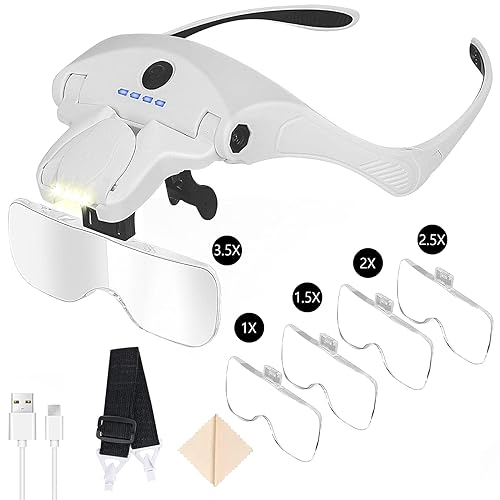 MeYuxg Gafas Lupa con Luz Led, Lupa para Leer Libros, Lupa Montada en la Cabeza USB Recargable, con 5 Lentes, Gafas Lupa para Manualidades, Valoración de Joyas y Lectura