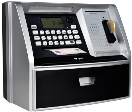 Fimleiy Spardose für Kinder mit Euro-Münzerkennung, LCD-Anzeige & Wunschzielverfolgung, Black/Silver