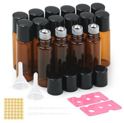 5ml Roll On Aceites Esenciales,16 pcs Marrón Botellas Rollon Cristal Rellenable Perfume Roll on con Roll-on Bola de Acero Inoxidable para Masajes,Botella de Laboratorio (5ml,black)