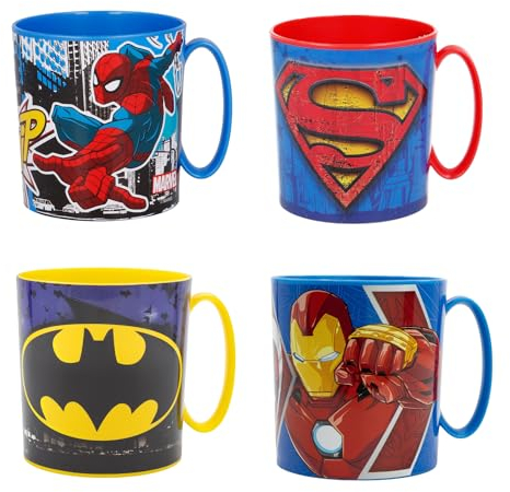 JAMERPD Tazas Superheroes Pack de 4 Spiderman Superman Batman Capitan America con Ironman Reutilizables Tazas de Plastico sin BPA Capacidad de 350 ml Regalo para niños - Camping