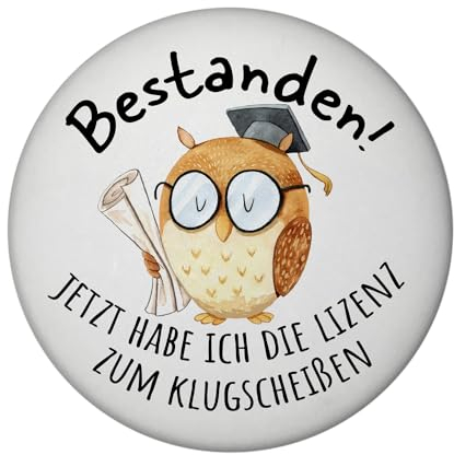 Imán redondo con diseño de búho, con abrebotellas, con texto en alemán Licencia para sabios