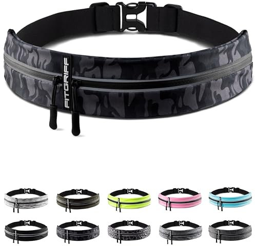 Fitgriff® Laufgürtel für Handy - Lauftasche Jogging, Hüfttasche, Sportgürtel, Running Belt zum Joggen, Laufen, Sport, Fitness - passend für alle Smartphones (Camo-Black, 85-120cm Bauchumfang)