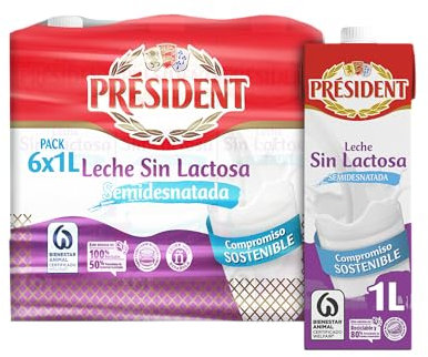 Leche Président Sin Lactosa desnatada brik 1L - Pack de 6 litros