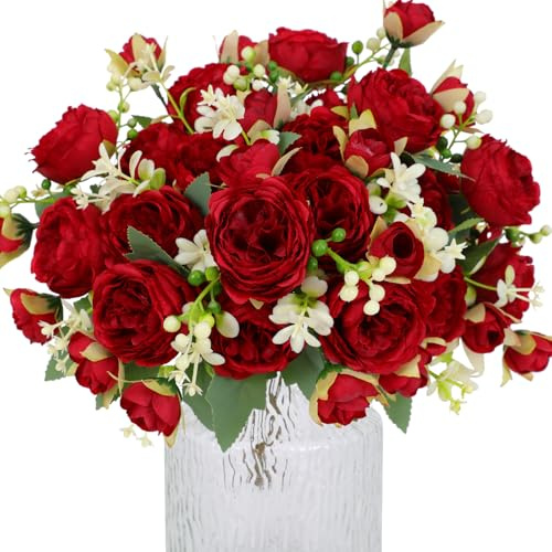 Hobyhoon 4 Bunches Peonies Artificial Flowers for Decoration Faux Roses Fake Bouquet Real Touch Silk Flores Artificiales for Vase Wedding Home Décor (Claret)