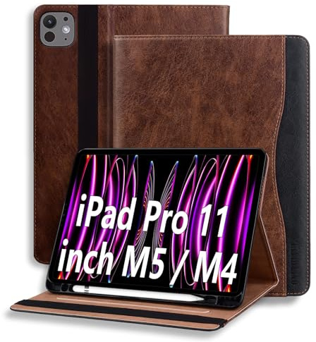 ONETHEFUL Tablet Case for iPad Pro 11 Zoll M5/M4 (2025/2024) - Protective PU Leather with Multi-Angle Adjustable Stand, 2 Card Slots, Pen Holder | Brown