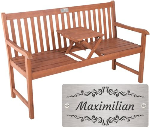 Sterngraf Bank zum Ruhestand mit Gravur zB. Ranke Ornament (Name), Klapptisch Gartenbank Padang 142cm, Edelstahlschild personalisiert, Geschenkidee für Rentner