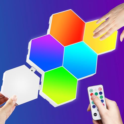 Hexagon LED Licht 6pcs Sechseckige LED Wandleuchten RGB mit Fernbedienung und Berühren, Intelligente Gaming Deko Lampe DIY Geometrie Spleißen Leuchte LED Panel für Gaming Party Weihnachten Deko