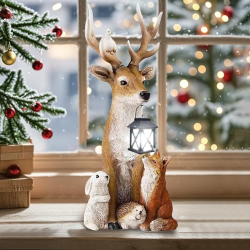 Sunshine smile Weihnachtsdeko Hirsch Mit LED Laterne,Gartenfigur,Gartendeko Figuren Elch,Gartenfiguren aus Kunstharz,Weihnachtsdeko Aussen,Gartenfiguren für Außen,Gartendeko für Draußen Wetterfest