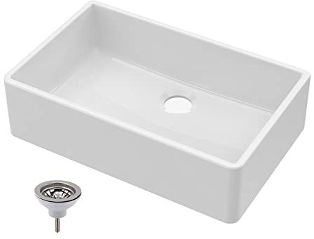 Balterley 795mm Butler White Kitchen Sink, Single Bowl with Waste, Durable Butler Fireclay Ceramic Kitchen Sink Bowl, Large Ceramic Apron Front Farmhouse Sinks - 795 x 500 x 220mm (White)