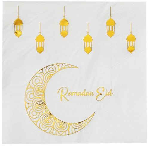 Ramadan Servietten - 40 Stück Eid Mubarak Papierservietten in stilvollem Design, Perfekt für Eid Mubarak Tischdeko, Weiß-Gold Stern-Mond Muster, Umweltfreundliche Ramadan Deko, 33x33 cm