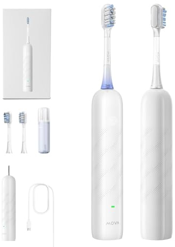 Mova Fresh SweepDrive elektrische Zahnbürste, wiederaufladbare elektrische Zahnbürste für Erwachsene, Typ-C-Ladung, intuitiver Drucksensor, 3-in-1-Ersatzbürstenkopf mit Halter, weiß