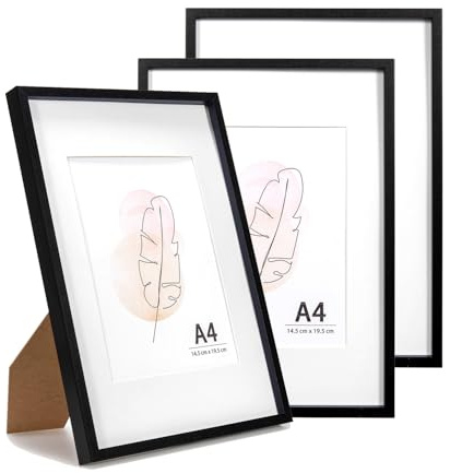 KAIWIN Bilderrahmen A4 Schwarz Holz Fotorahmen 3er Set Holzrrahmen mit Passepartout zum aufhängen und aufstellen Benutzt für Wohnzimmer, Schlafzimmer, Arbeitszimmer, für Fotos, Kunstwerke und Poster