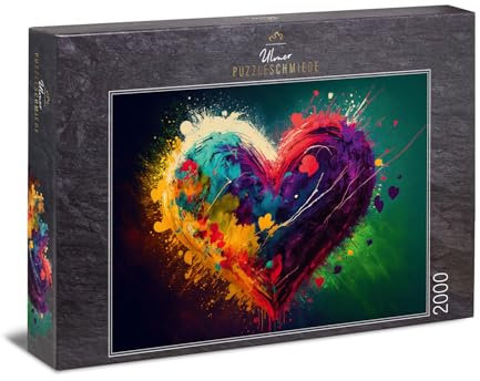 Ulmer Puzzleschmiede - Herz-Puzzle Colors of Love - Farbenreiche Herz-Illustration als 2000 Teile Puzzle - Knalliges Puzzlemotiv aus der Puzzle-Kollektion Farben & Fantasy