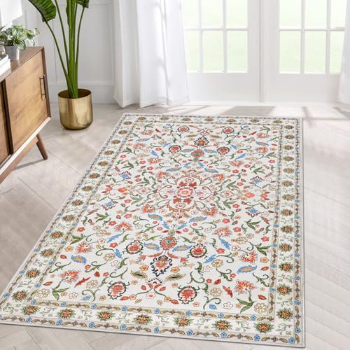 Famibay Rugs Living Room Beige 80 x 150 cm Small Area Rugs for Bedroom Machine Washable Vintage Floral Bedroom Carpet Soft Short Pile Non Slip for Living Room Dining Room