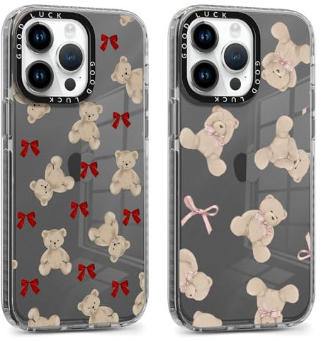 Foonary 2 Pack Transparent Cartoon Bear Print Phone Case for iPhone 14 Pro 6.1,Soft Silicone Design Aesthetics Clear Pattern Cases,Shockproof Bumper Protector Cover,Girls Women for iPhone 14 Pro