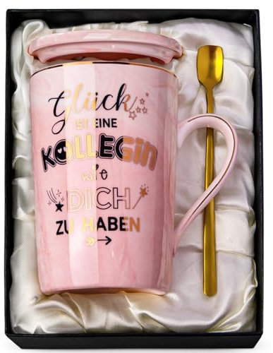 Biching Abschiedsgeschenk für Kollegen Abschied Kollegin– „Glück ist, eine Kollegin wie dich zu haben – Geschenk Kollegin Geburtstag Jobwechsel 400 ml Marmor Tasse mit Löffel Deckel Geschenkbox