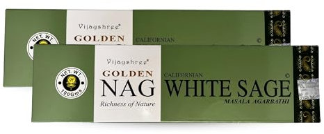 Vijayshree Golden Nag White Sage Räucherstäbchen - 200 g - 10 Packungen mit 20 g (140–180 Stäbchen) Aromatherapie - Meditation - Yoga - Umweltfreundliche Verpackung