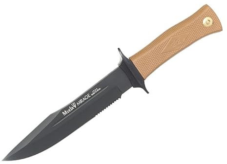 LO TRINCO YO Muela Cuchillo MIRAGE-18NM hoja de acero MoVa de 19 cm con acabado teflonado y empuñadura de goma color arena para Caza, Pesca, Supervivencia y Bushcraft