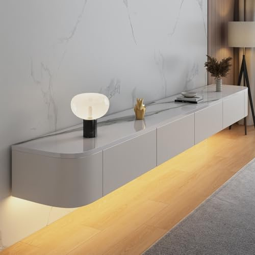 Coubird Floating TV Stand Cabinet wall mounted Marble texture Floating tv Shelves with LED light & Doors & Drawer Modern Media Entertainment TV Console Storage TV Unit for Living Room (180cm/70in)