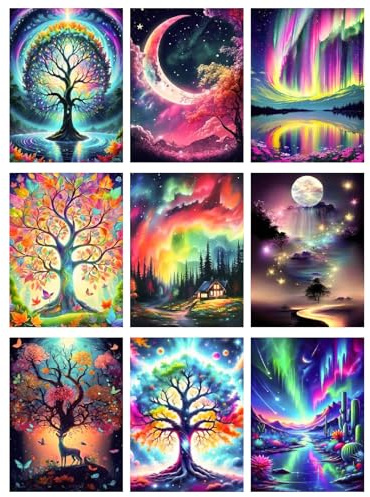 GJSZZO Diamond Painting Kit for Adults, Natural Scenery, Diamond Art Kits for Beginners, 5D DIY Full Drill Tree of Life Aurora Moon Gemstone Kits for Home Wall Decoration Gifts