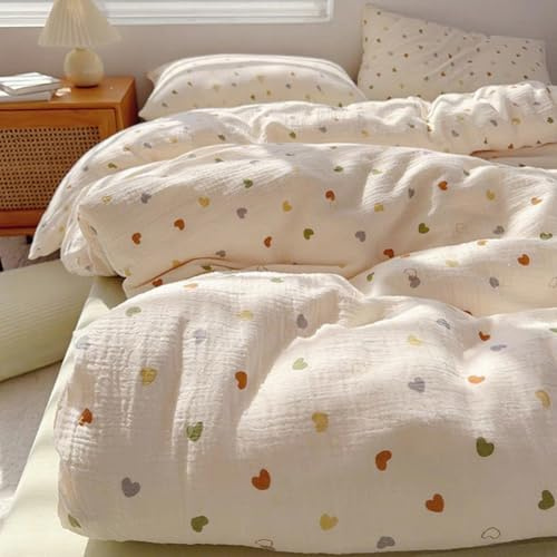 AShanlan Musselin Bettwäsche 155x220 Baumwolle, ÖKO-TEX, Bunte Herzen | 100% Baumwolle Bettwäsche-Sets mit Reißverschluss, 1 Bettbezug 155x220 & 1 Kissenbezug 80x80 cm, weiche und atmungsaktiv