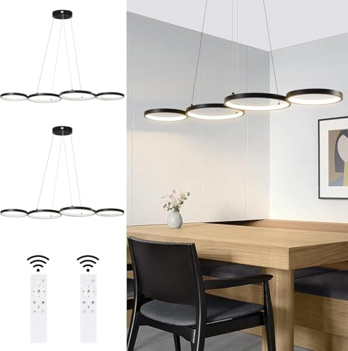 GBLY 2× LED Pendelleuchte Esstisch Hängelampe 88CM Schwarz Hängend Lampe | Modern 4 Ring Hängeleuchte Design Esszimmerlampe Dimmbar Esstischlampe für Wohnzimmer Schlafzimmer mit Fernbedienung